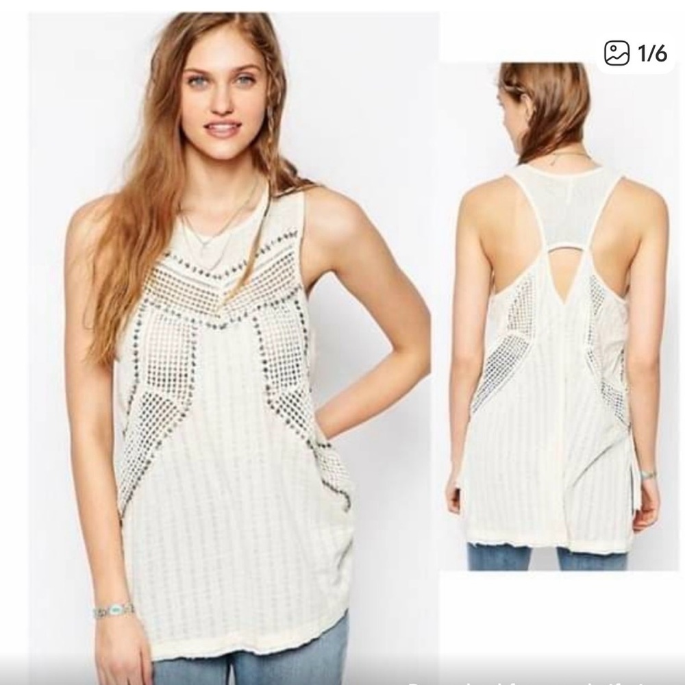 Free People Women's Cream Beaded Crochet-Detail Tank Top
